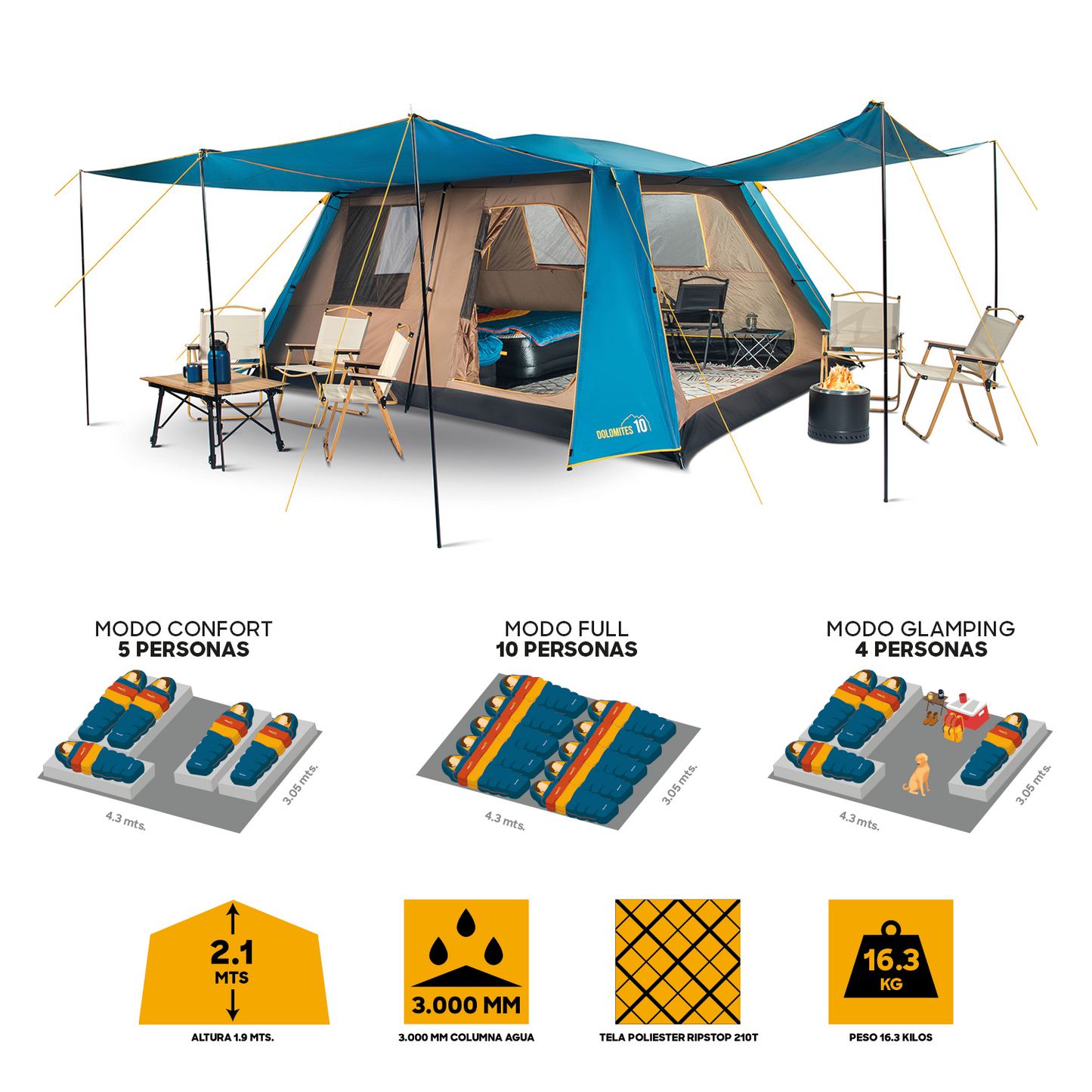 Carpa Camping Dolomites 10, 10 personas techo largo 3000 mm doble toldo