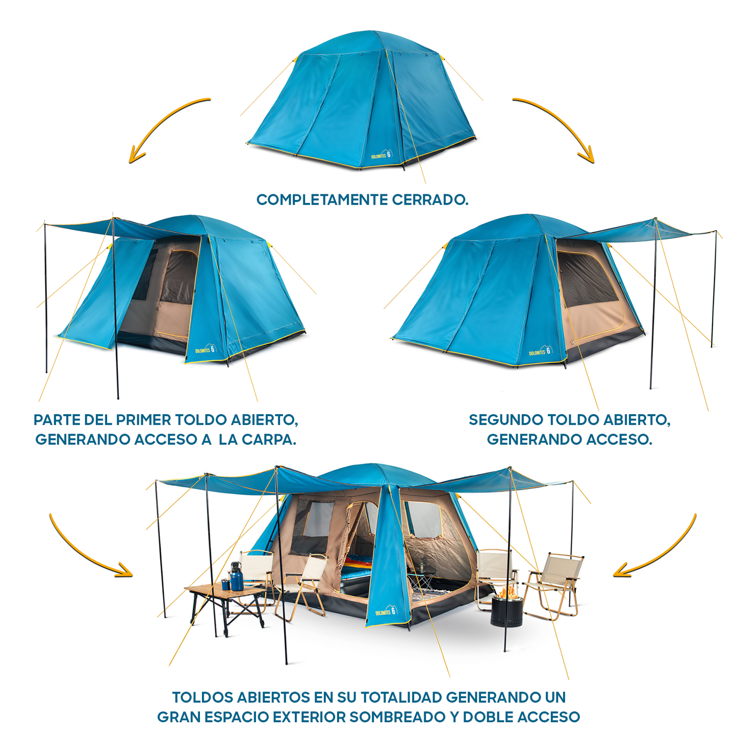 Carpa Camping Dolomites 6, 6 personas techo largo 3000 mm doble toldo