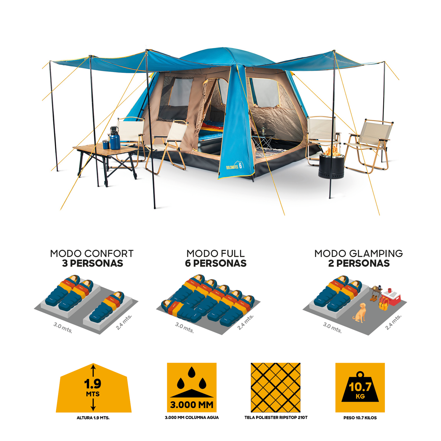Carpa Camping Dolomites 6, 6 personas techo largo 3000 mm doble toldo