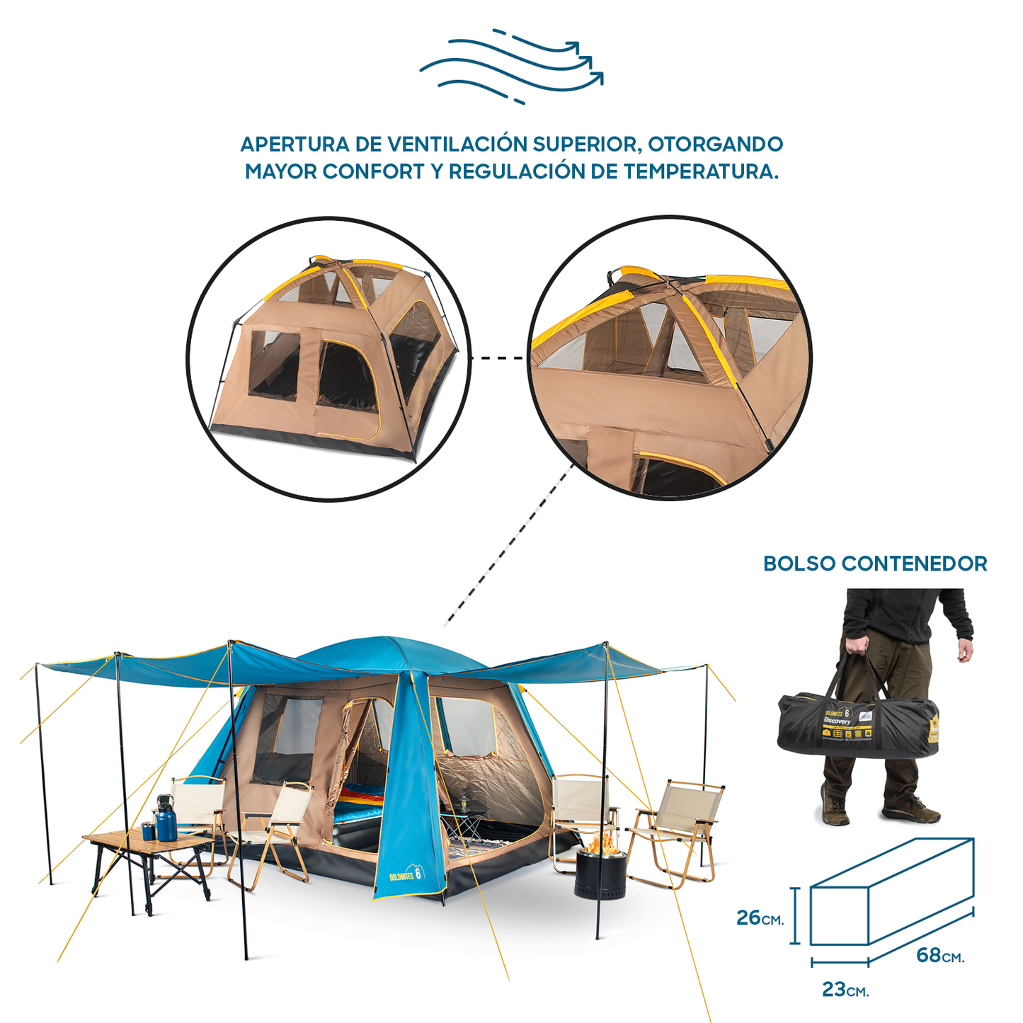 Carpa Camping Dolomites 6, 6 personas techo largo 3000 mm doble toldo