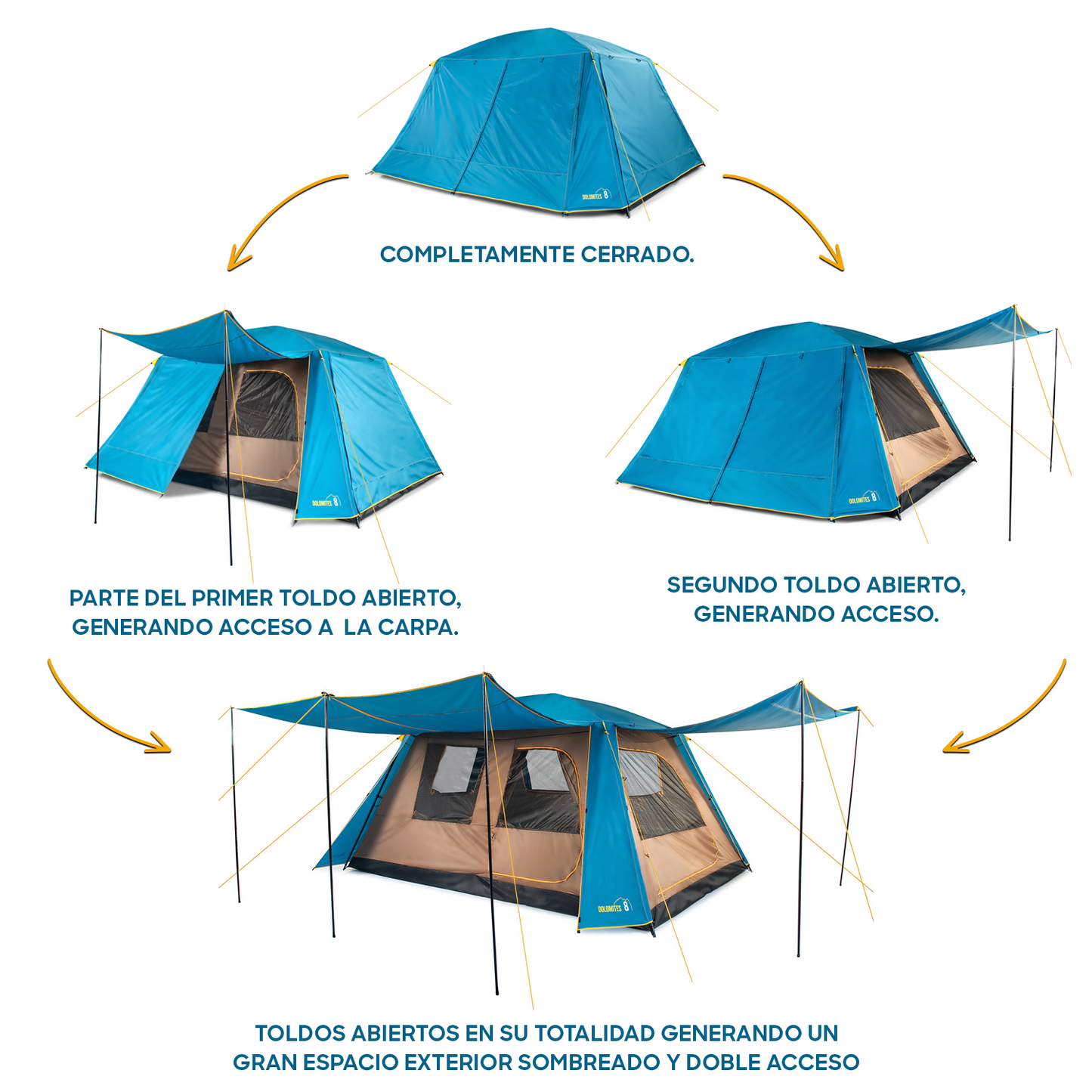 Carpa Camping Dolomites 8, 8 personas techo largo 3000 mm doble toldo