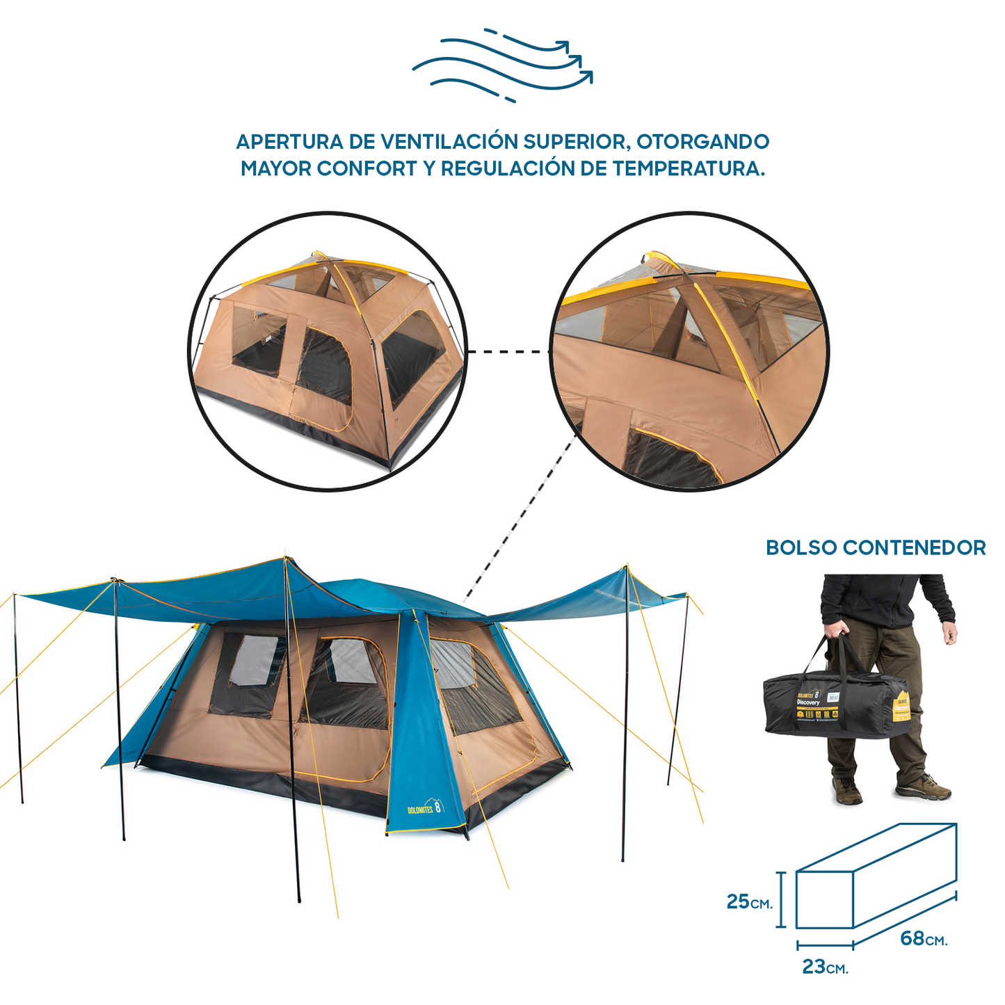 Carpa Camping Dolomites 8, 8 personas techo largo 3000 mm doble toldo