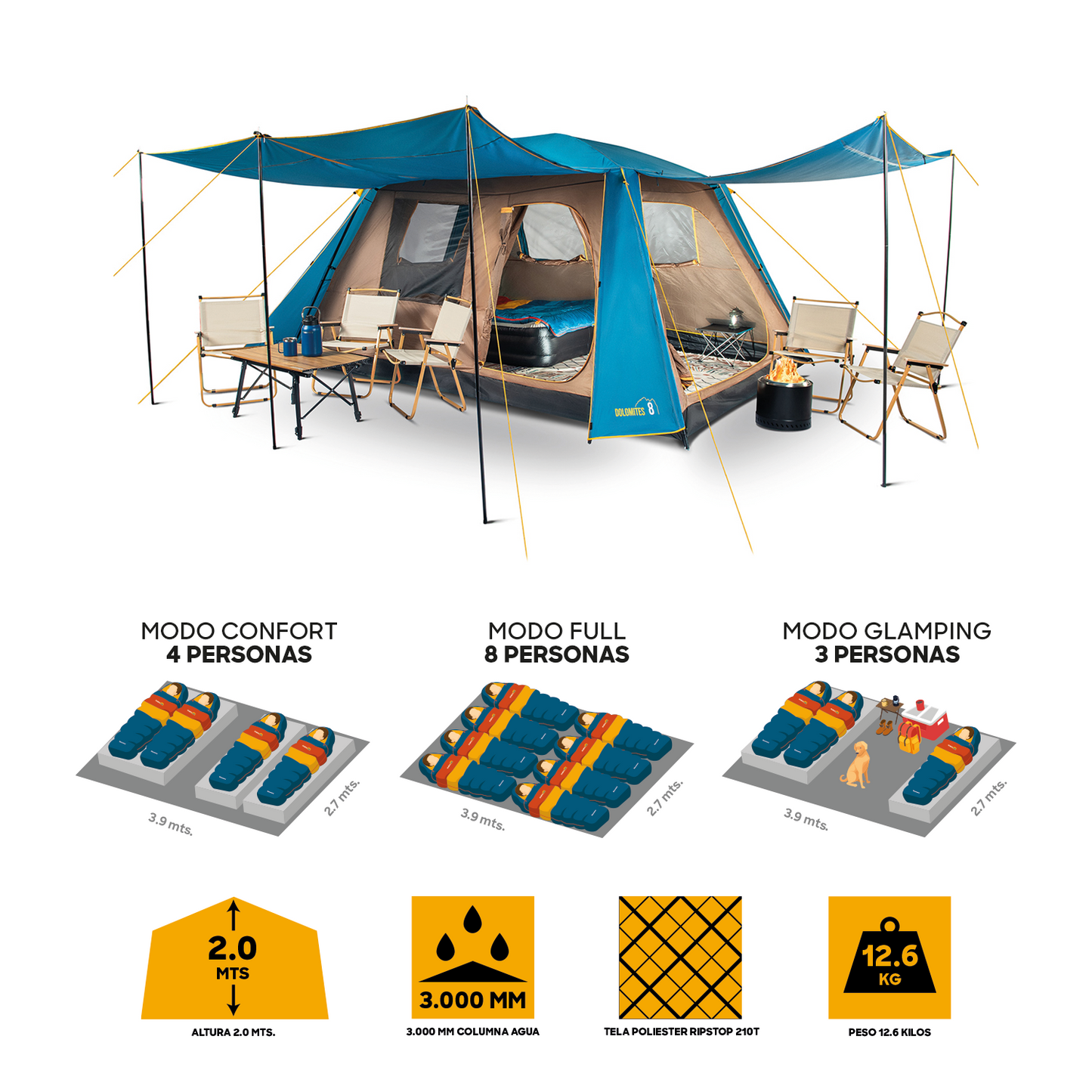 Carpa Camping Dolomites 8, 8 personas techo largo 3000 mm doble toldo