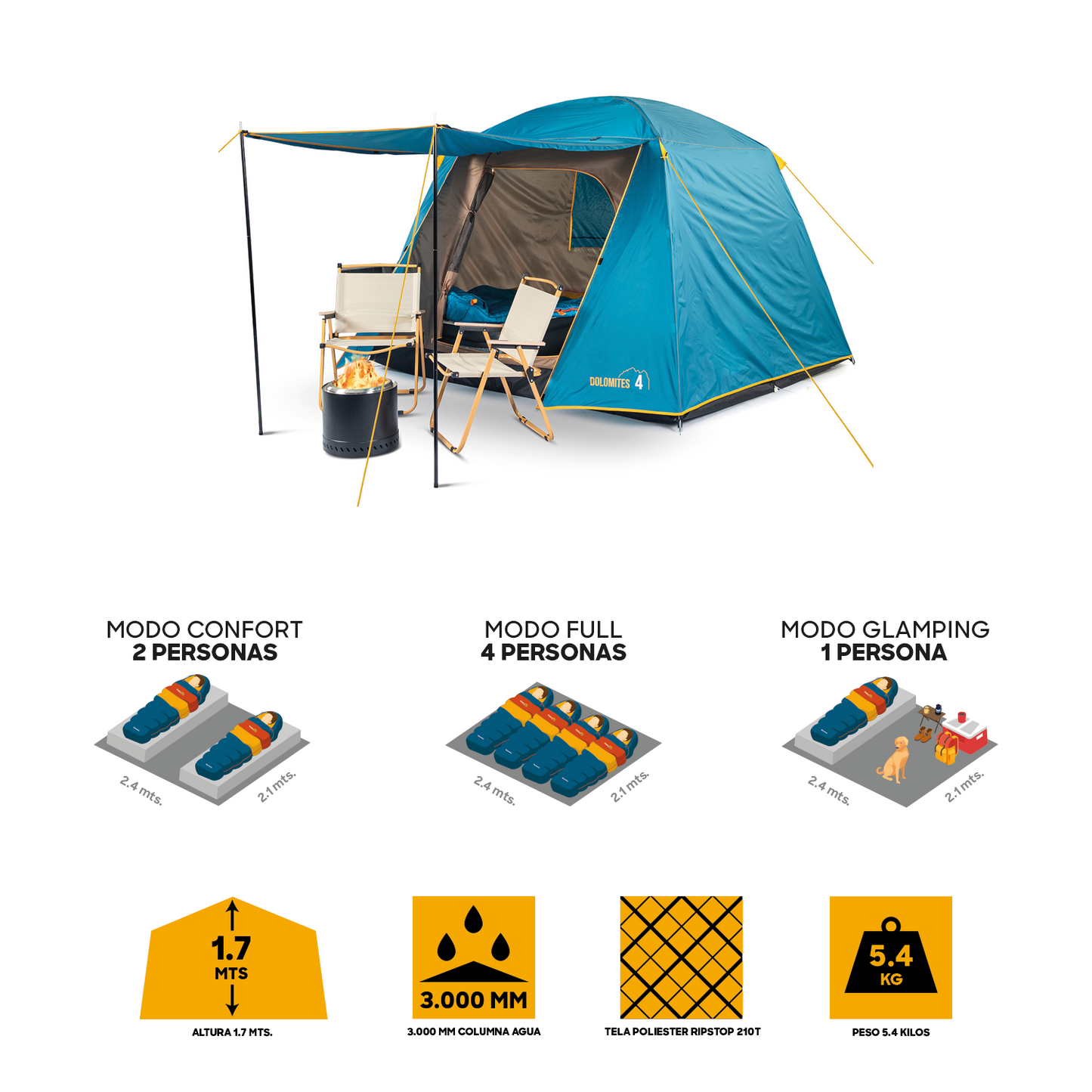 Carpa Camping Dolomites 4, 4 personas techo largo 3000 mm