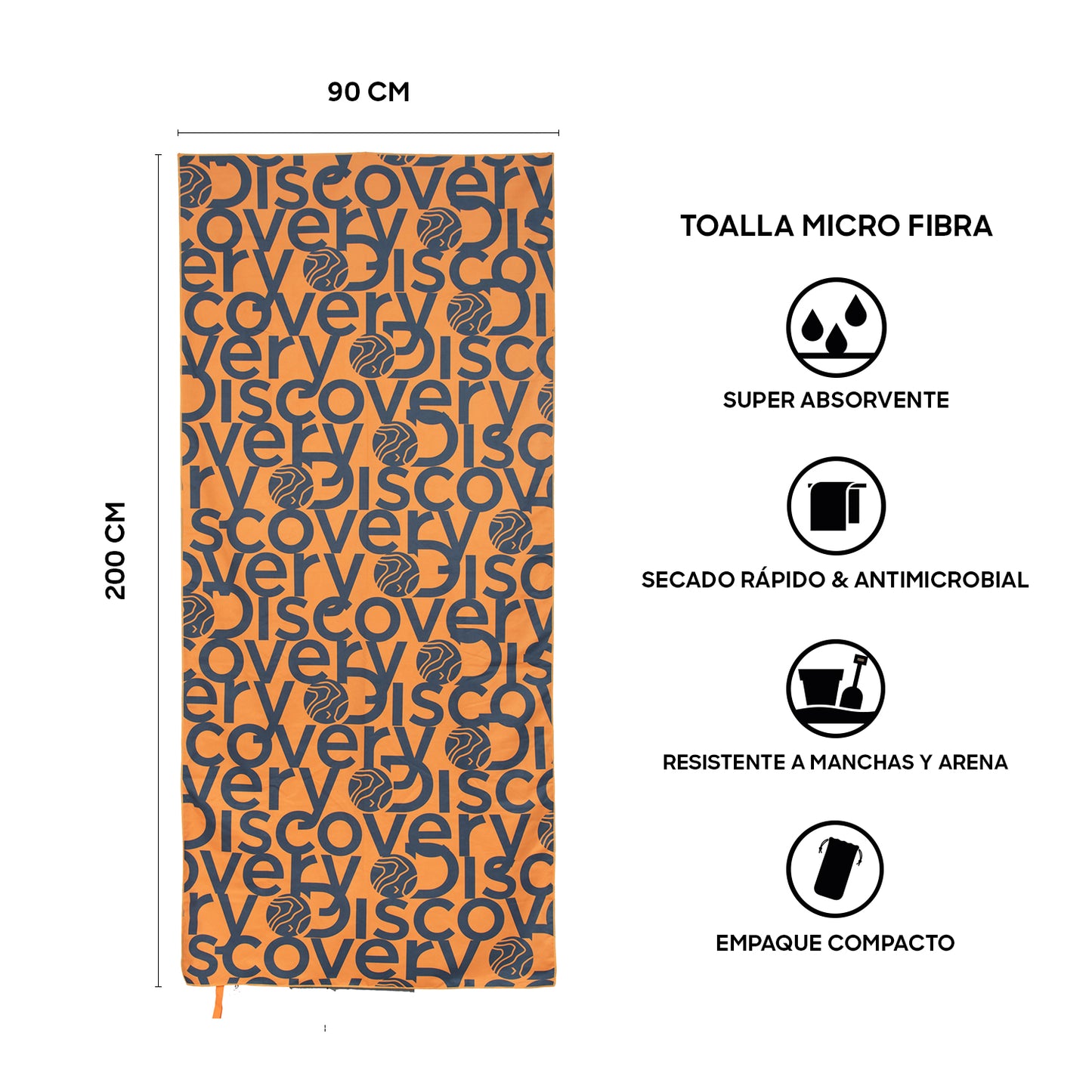 Toalla Microfibra grande Naranjo - Gris Discovery (90 x 200)
