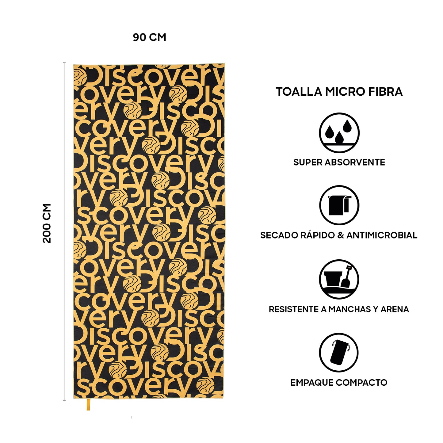 Toalla Microfibra grande Amarillo - Negro Discovery (90 x 200)
