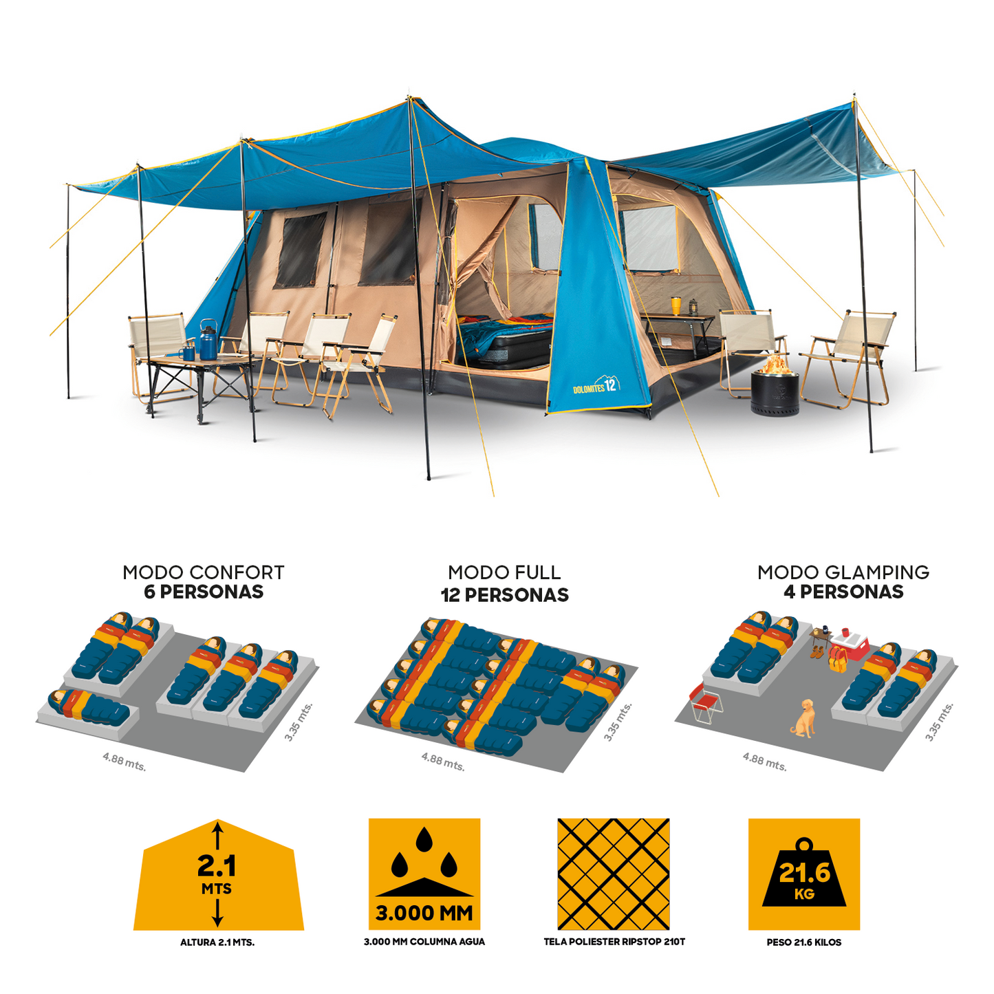 Carpa Camping Dolomites 12, 12 personas techo largo 3000 mm doble toldo