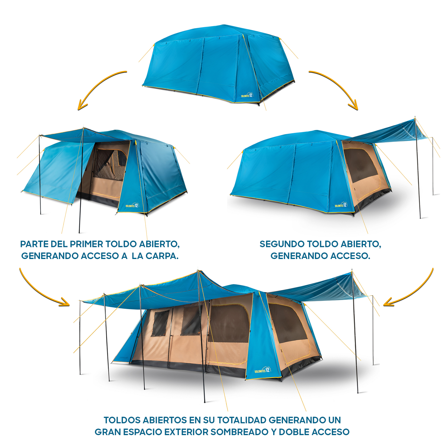 Carpa Camping Dolomites 12, 12 personas techo largo 3000 mm doble toldo
