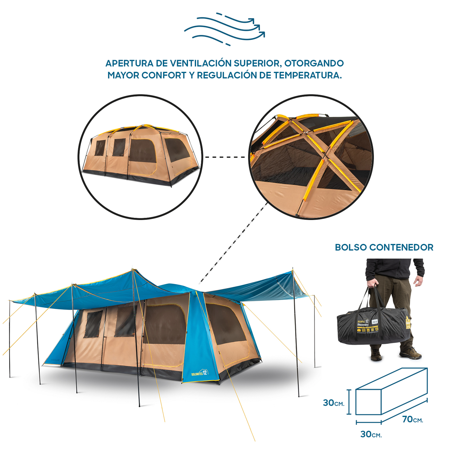 Carpa Camping Dolomites 12, 12 personas techo largo 3000 mm doble toldo