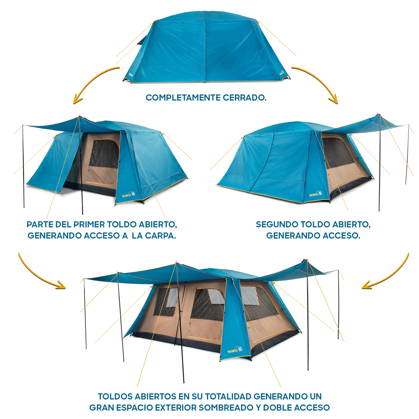 Carpa Camping Dolomites 10, 10 personas techo largo 3000 mm doble toldo