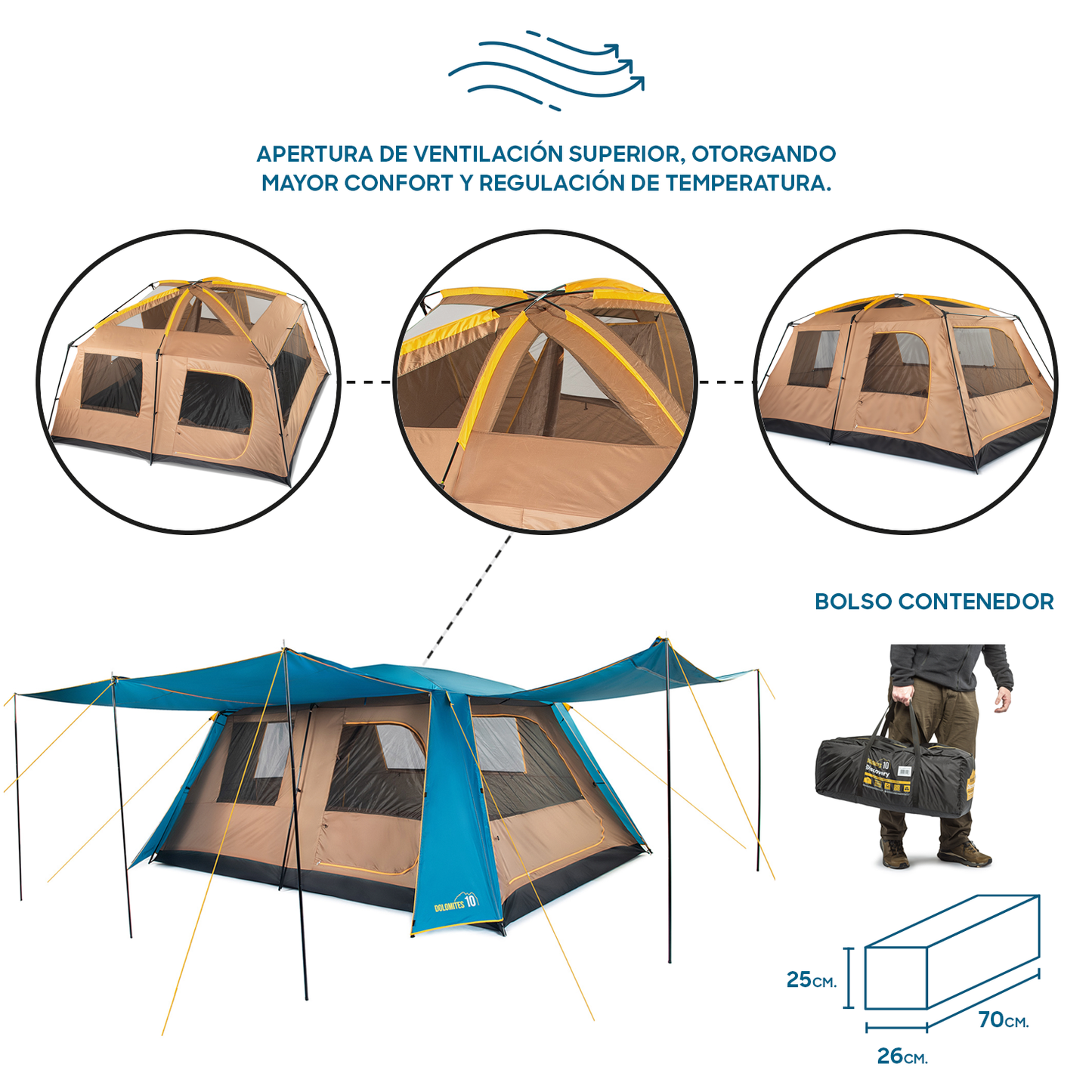 Carpa Camping Dolomites 10, 10 personas techo largo 3000 mm doble toldo